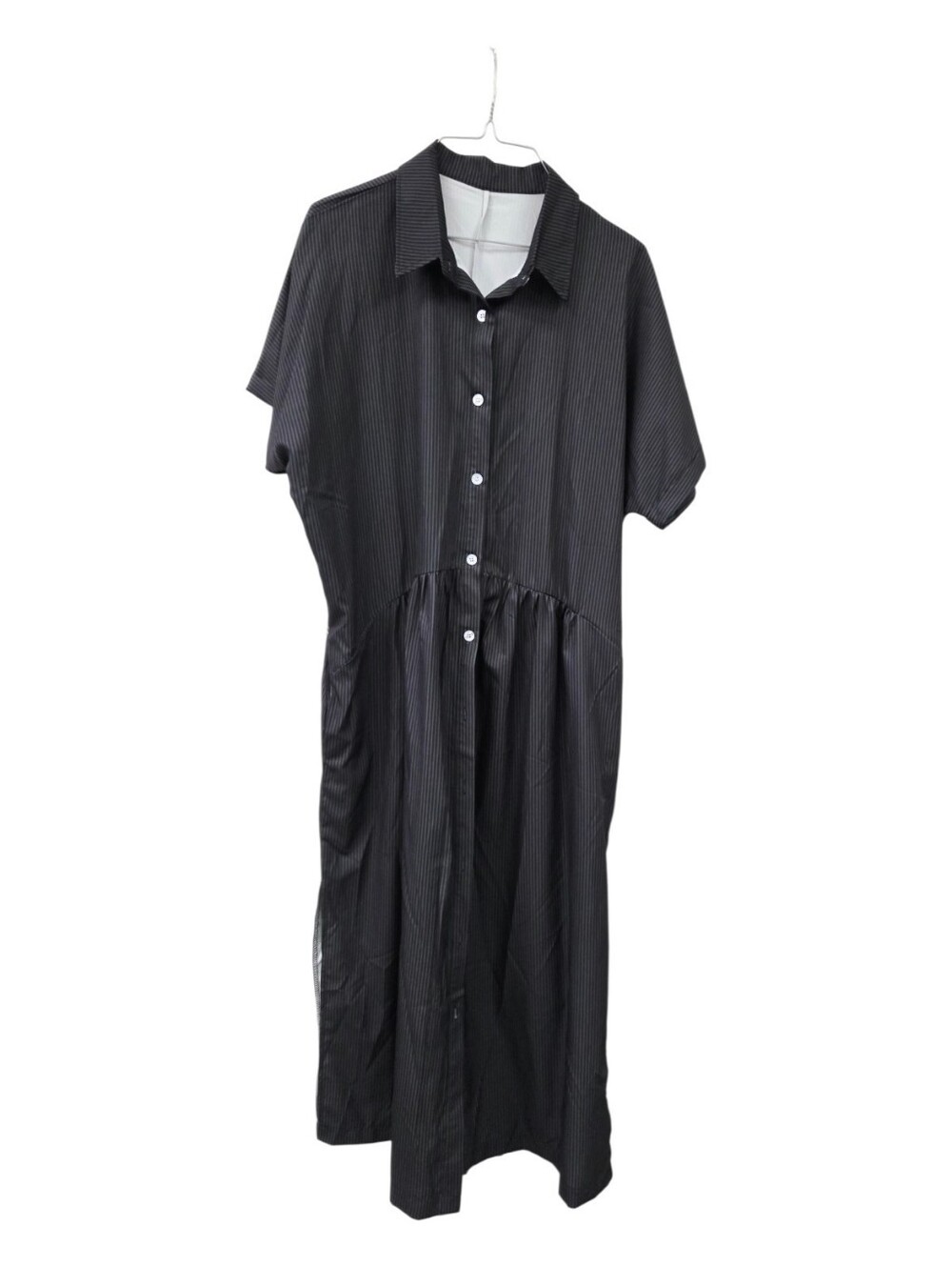 Shien Black Pinstripe Button-Front Midi Shirt Dress